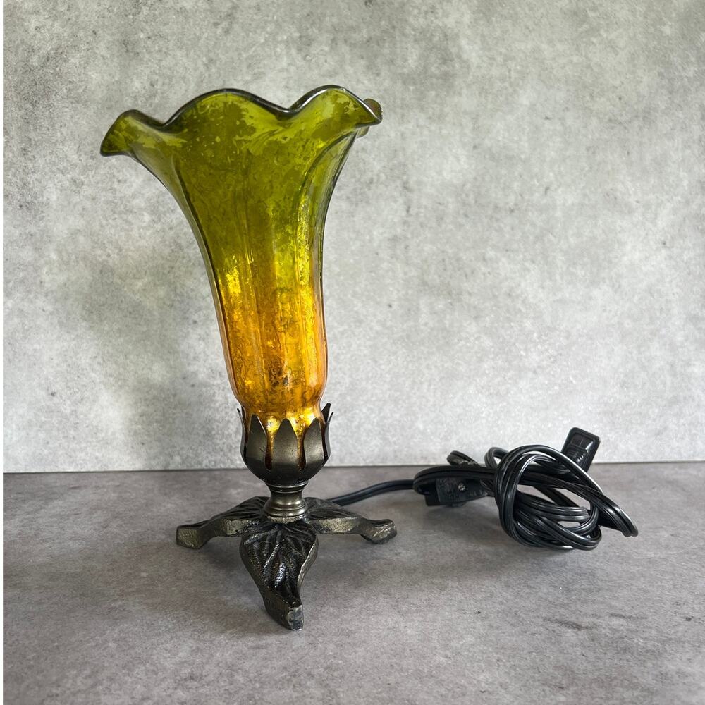 Hand Blown Mercury Glass Lily Lamp w/ Leaf Base green yellow funky fairy decor